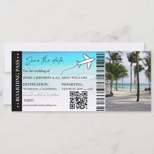 Beach Boarding Pass Hochzeit speichern Sie das Dat Einladung (Vorderseite)