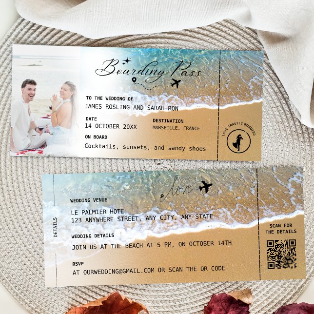 Beach Boarding Pass Wedding Destination QR code In Einladung (Von Creator hochgeladen)