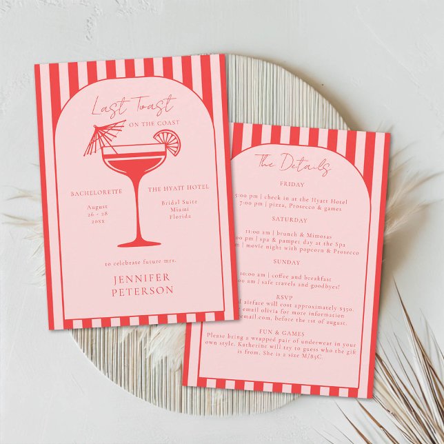 Beach Boho Rosa Junggeselinnen-Abschied Itinerary Einladung (beach bachelorette weekend last toast coastal nautical stripes boho arch elegant classy red pink)