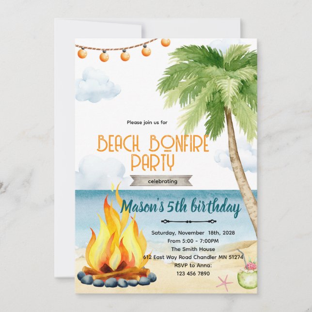 Beach bonfire party theme invitation (Devant)