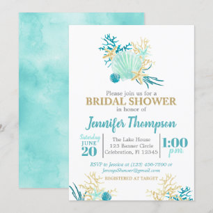 Beach Brautparty Aquamarin und Gold Aquarell Einladung