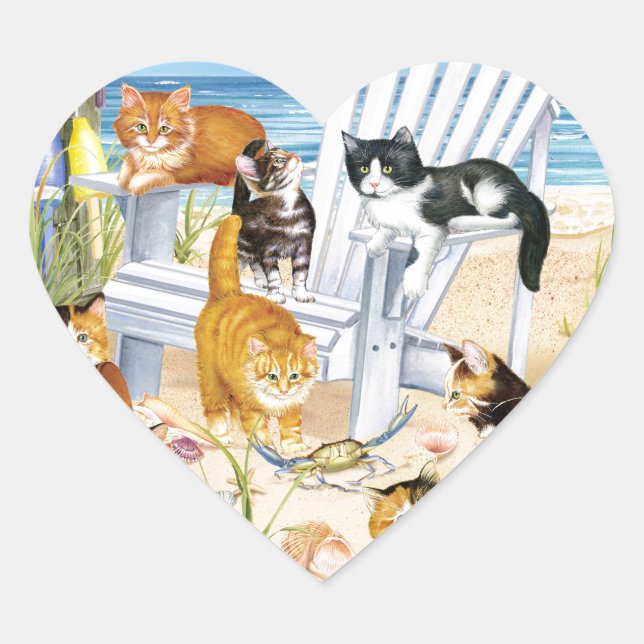 Beach Bum Kittens Heftkleber Herz-Aufkleber (Vorderseite)