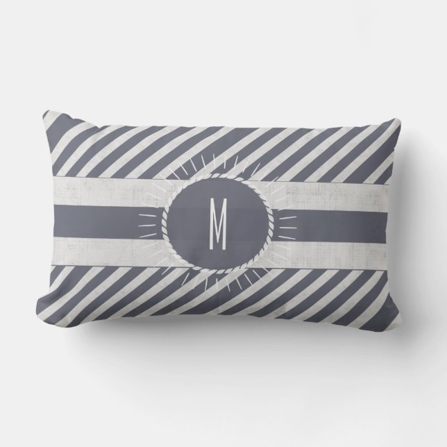 Beach Bum Navy Blue Streifen mit Monogram Kissen Für Draußen (Vorderseite)