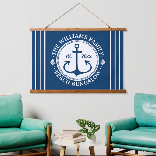 Beach Bungalow | Nautischer Anker-Individuelle Nam Wandteppich Mit Holzrahmen (Wohnzimmer)