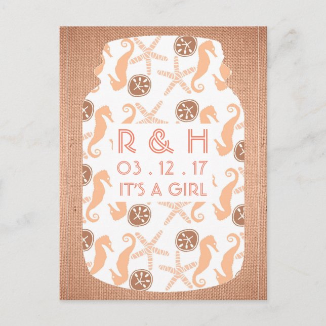 Beach Burlap Mason Jar Baby Ankündigung (Vorderseite)