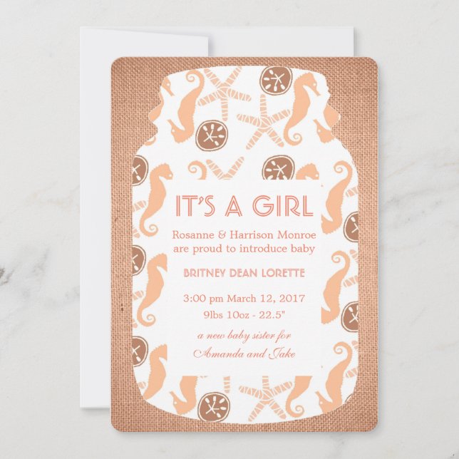 Beach Burlap Mason Jar Baby Ankündigung (Vorderseite)