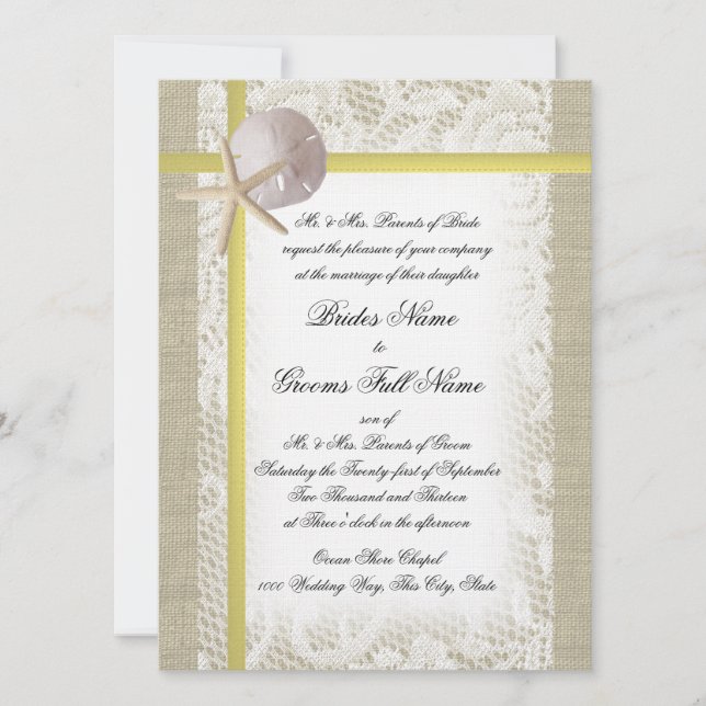 Beach Burlap und Lace Yellow Wedding Einladung (Vorderseite)