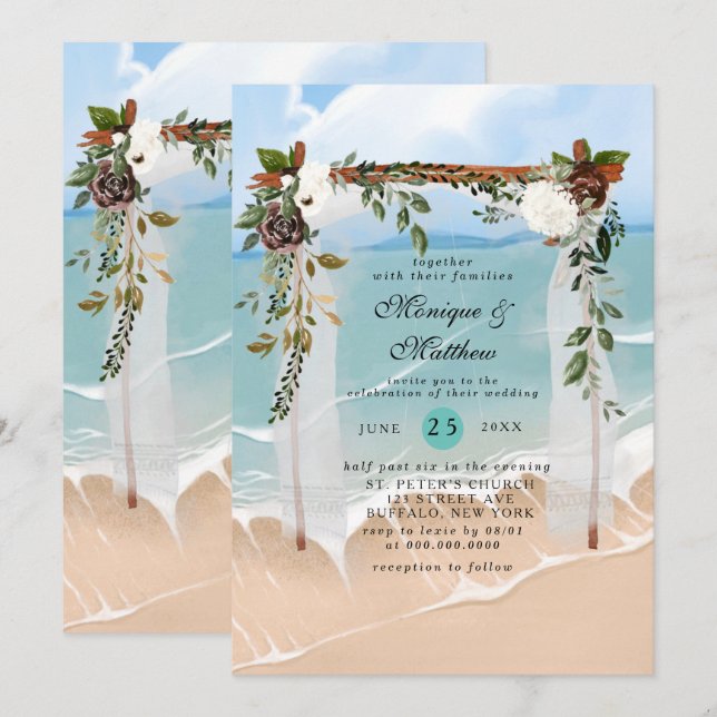 Beach Canopy tropische Hochzeit mit Blumen Einladung (Vorne/Hinten)