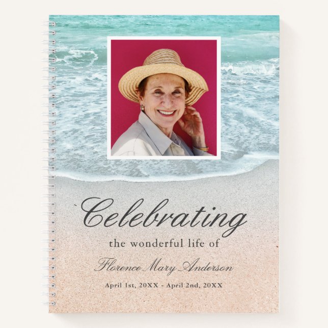Beach Celebration of Life Foto Funeral Gästebuch Notizbuch (Vorderseite)