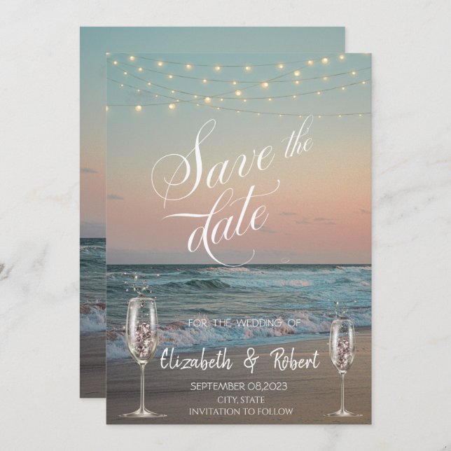 Beach Champagne Glass Save the Date (Vorne/Hinten)