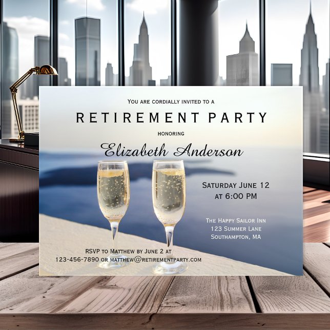 Beach Champagne Retirement Party Einladung (Elegant retirement party invitation featuring two champagne glasses at the beach. )