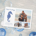 Beach Christmas Navy Blue Seepferd 3 Foto Feiertagskarte<br><div class="desc">Diese Küsten-Thema 3 Foto Weihnachtskarte verfügt über ein niedliches marineblaue Glitzer Seepferd, mit Seas n' Greetings Skript. Der Rücken hat ein festliches Urlaubsmuster an der Küste von Glitzer-Seepferden, Muscheln und heiligen Fischen. Karo die Kollektion für passende Produkte und andere Farbwege aus, oder melde mich durch Zazzle Chat, wenn Du ein...</div>