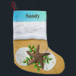 Beach Christmas Sand Dollars Double Sided Kleiner Weihnachtsstrumpf<br><div class="desc">Beach themed Christmas stocking to hang facing left or right, with design and name printed on both sides. Foamy surf and beach sand background with two big sand dollars and a starfish. Green holly leaves with red berries are tucked between the shells. Name is printed over a gradient blue-green strip...</div>