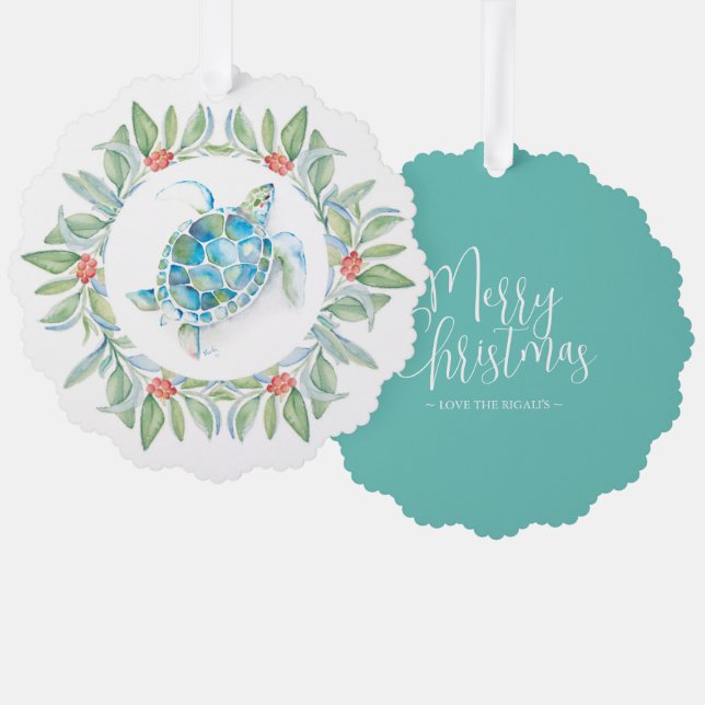 Beach Christmas Sea Turtle Ornament Karte (Vorderseite/Rückseite)