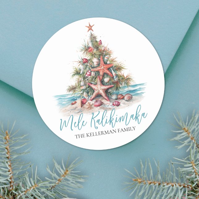 Beach Christmas Tree Mele Kalikimaka Runder Aufkleber (Beach Christmas Tree Mele Kalikimaka Classic Round Sticker)