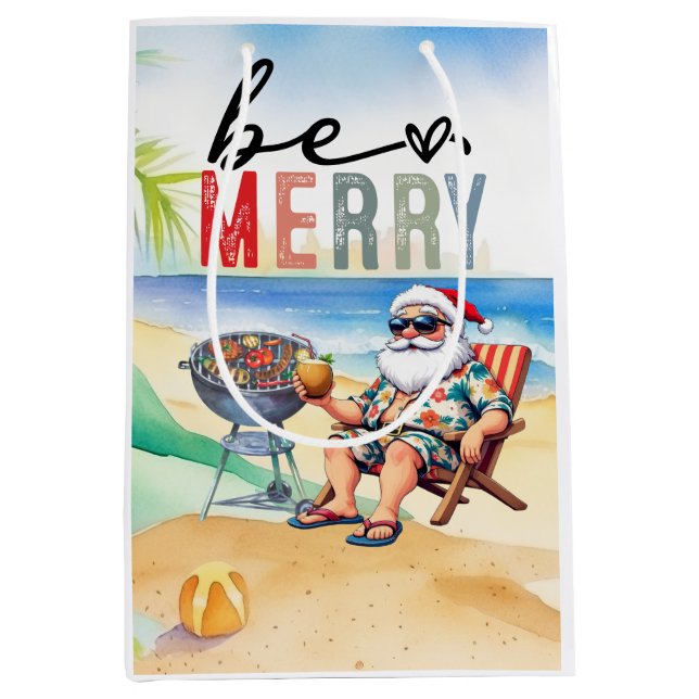 Beach Christmas with Surfer Santa Barbecue  Mittlere Geschenktüte (Vorderseite)