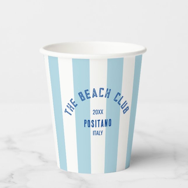 Beach Club Wappen Blue Cabana Stripe Pappbecher (Vorderseite)