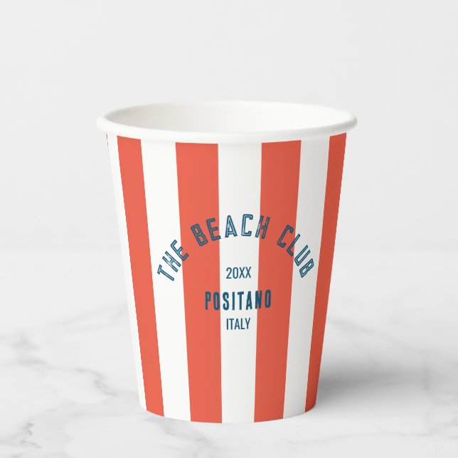 Beach Club Wappen Orange Red Cabana Stripe Monogra Pappbecher (Vorderseite)