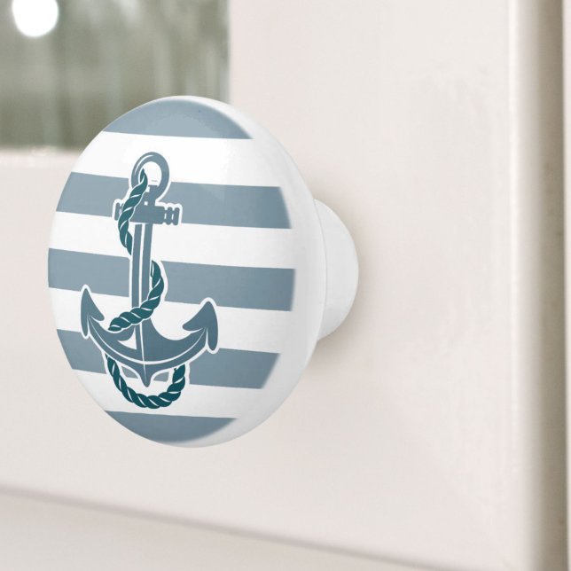 Beach Coastal Blue Stripes Ship Anchor Nautical Keramikknauf (Beach Coastal Blue Stripes Ship Anchor Nautical Ceramic Knob)