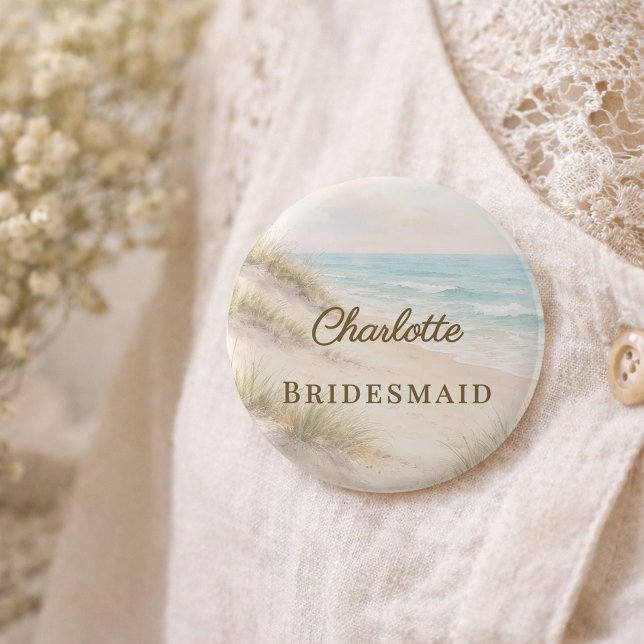Beach Coastal Elegant Wedding Bridesmaid Name Tag Button (Von Creator hochgeladen)