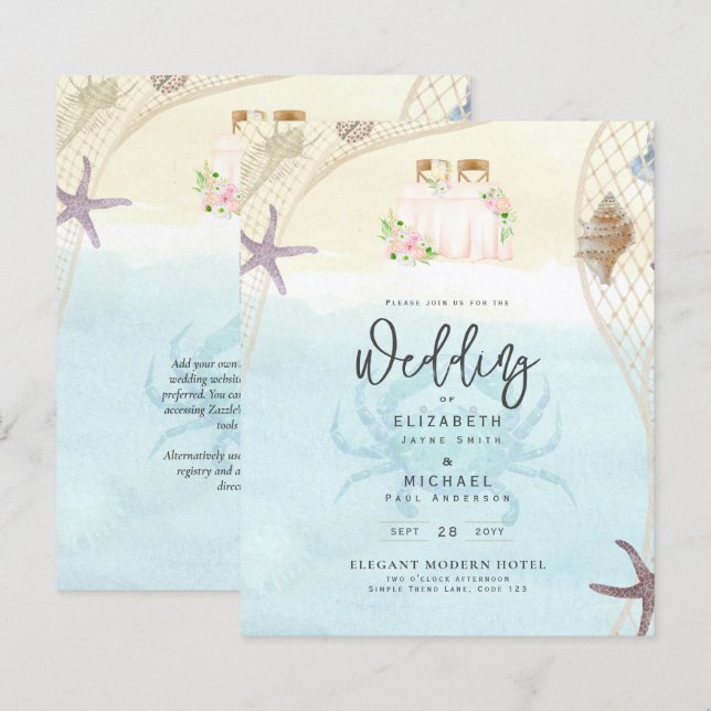 Beach Coastal Hochzeit Einladung Sand Ocean Life (Vorne/Hinten)