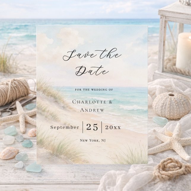 Beach coastal modern budget wedding Save the Date Flyer (Von Creator hochgeladen)