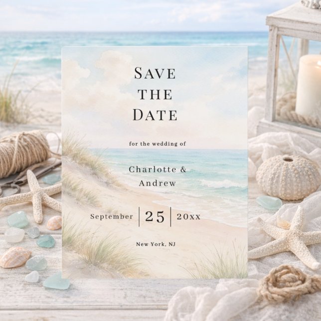 Beach coastal modern wedding Save the Date card (Von Creator hochgeladen)