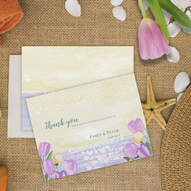 Beach Coastal Purple Floral Wedding Thank You Postkarte (Beach Coastal Purple Floral Wedding Thank You Postcard)