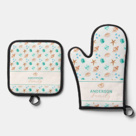 Beach Coastal Seashells Family Name Custom Ofenhandschuh & Topflappen-Set