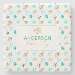 Beach Coastal Seashells Family Name Custom Steinuntersetzer