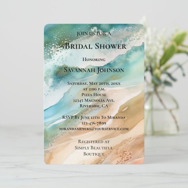 Beach Cream Aqua Ocean Brautparty Einladung (Stehend Vorderseite)