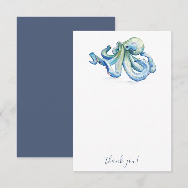 Beach Danke, Cards Blue Watercolor Octopus Dankeskarte (Vorne/Hinten)