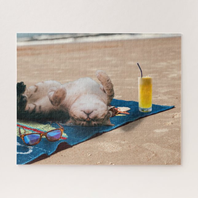 Beach Day Cat Sunbathing Cute Funny Silly Animal (Horizontal)
