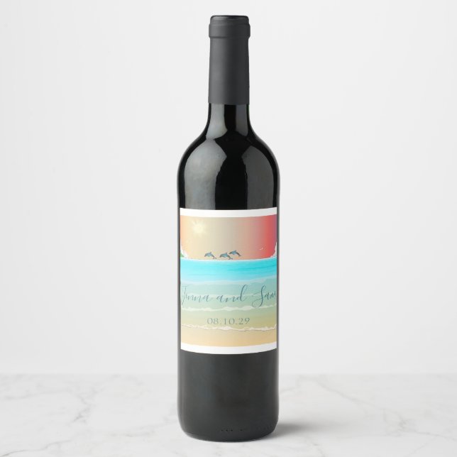 Beach Delphine Hochzeit Wein Flasche Etikett (Vorderseite)