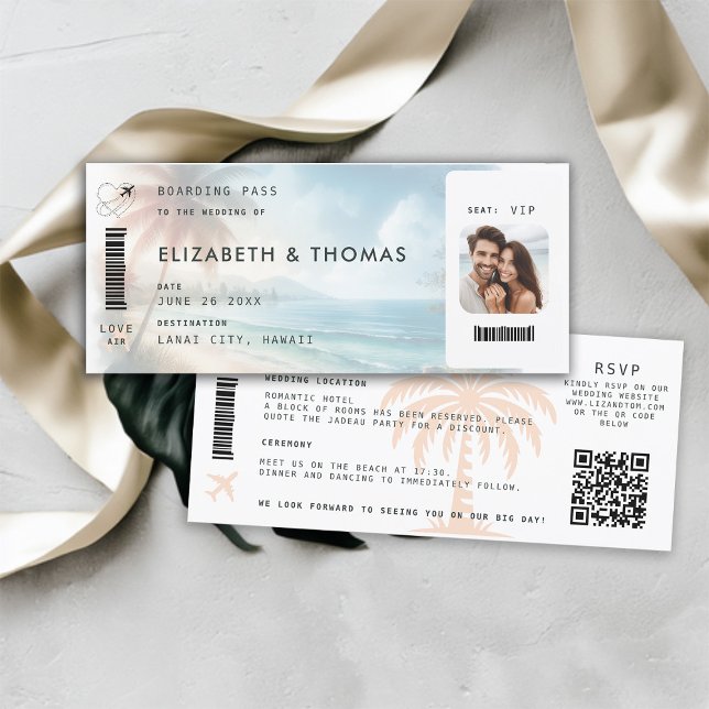 Beach Destination Boarding Pass QR Alleine Hochzei Einladung (beach destination wedding invitation boarding pass qr code all in one tropical watercolor)
