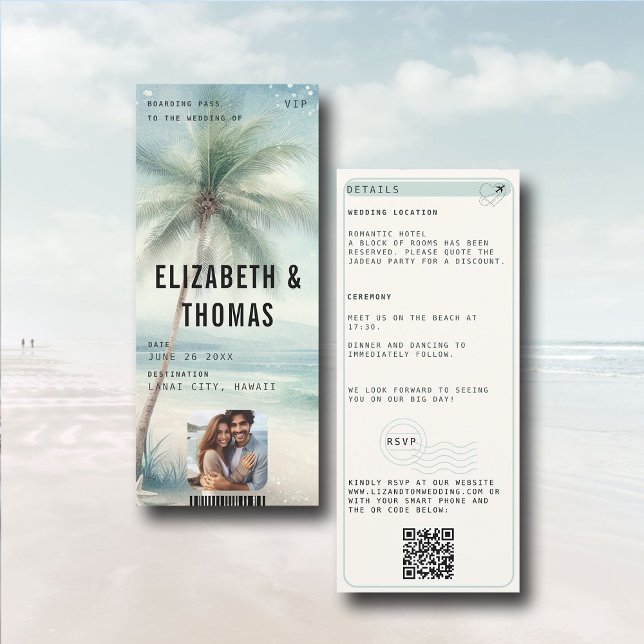 Beach Destination Modernes Aqua Palm Foto Hochzeit Einladung (tropical beach destination wedding invitation boarding pass qr code all in one photo QR watercolor)