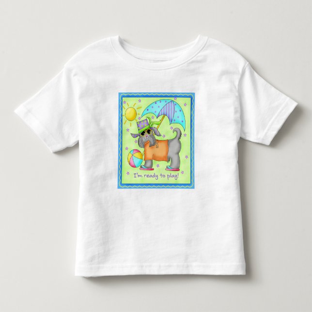 Beach Dog Whimsy Art Green Blue Kleinkind T-shirt (Vorderseite)