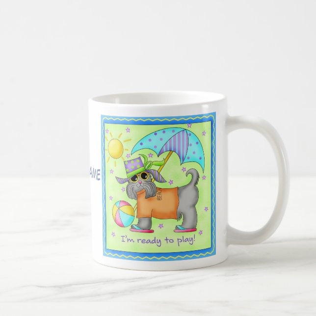 Beach Dog Whimsy Art Green Blue Name Personalize Kaffeetasse (Rechts)
