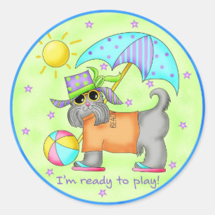 Beach Dog Whimsy Art Green Blue Runder Aufkleber