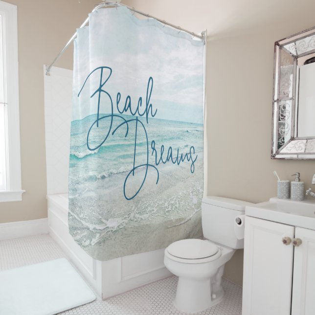 Beach Dreams Inspiration Zitat Retro Ozeanwellen Duschvorhang (Beispiel)