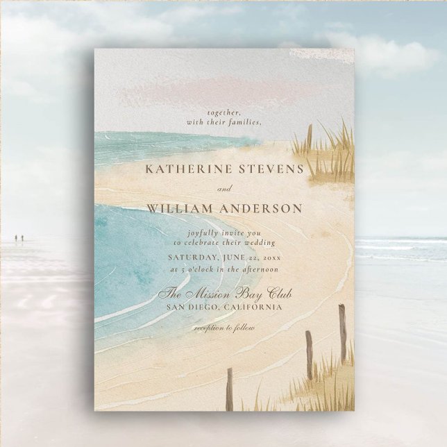 Beach Fence Ocean Grass Sky Kunst, Dichtung und Mu Einladung (beach wedding invitation dreamy watercolor ocean fence grass nature formal modern classic)