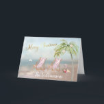 Beach Flamingo Wreath Einzigartiges Weihnachtsfest Karte<br><div class="desc">Frohe Weihnachten an diesem schönen Watercolor Beach - friedliche und sanfte Szene mit zwei Liegestühlen - freundlicher Flamingo mit schönem Kranz - Palm mit ein paar Ornamenten. Auch in verschiedenen Papiergewichten erhältlich - Ihre Auswahl. Alle Design-Fragen, senden Sie einfach eine E-Mail an charmdesignstudio@rcn.com und wir freuen uns, Ihnen zu helfen....</div>