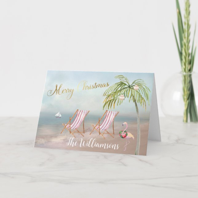 Beach Flamingo Wreath Einzigartiges Weihnachtsfest Karte (Vorderseite)