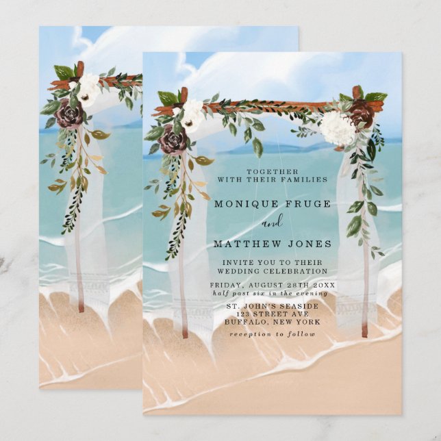 Beach Floral Canopy Tropical Modern Wedding Einladung (Vorne/Hinten)