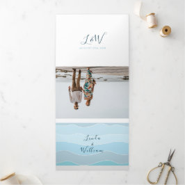 Beach Foto Blue Wedding Dreifach Gefaltete Einladung