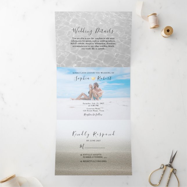 Beach Foto Wedding Tri-Fold Einladung (Innenseite)