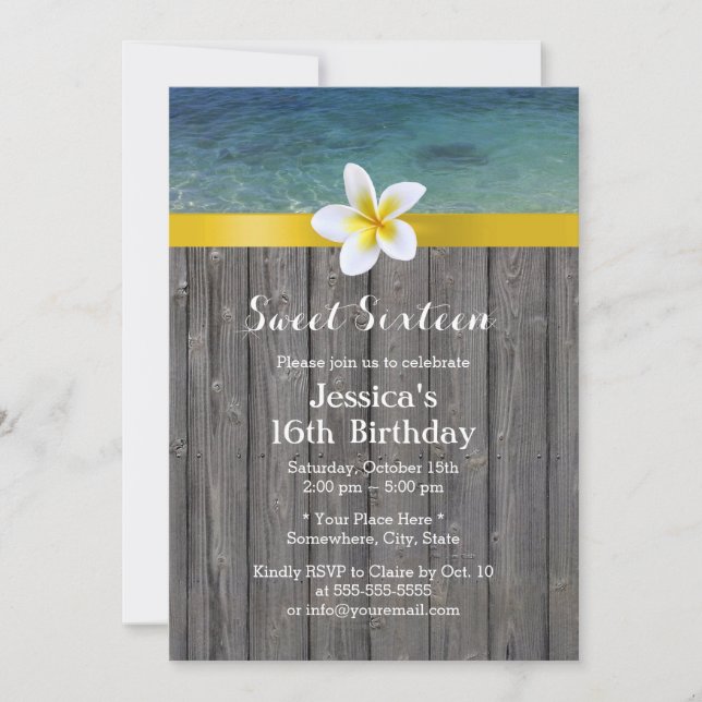Beach & Frangipani Blume Holzgrundstück Sweet 16 Einladung (Vorderseite)