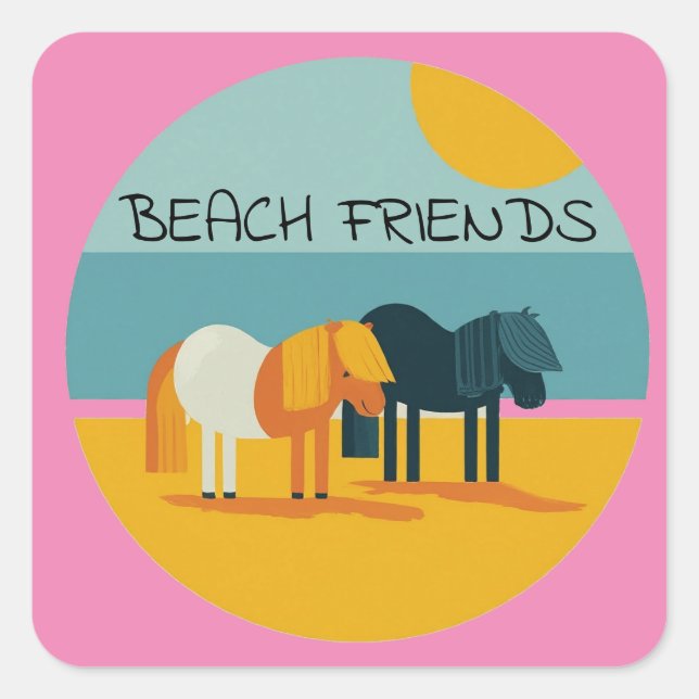 Beach Friends Pony Personalize Name Quadratischer Aufkleber (Vorderseite)