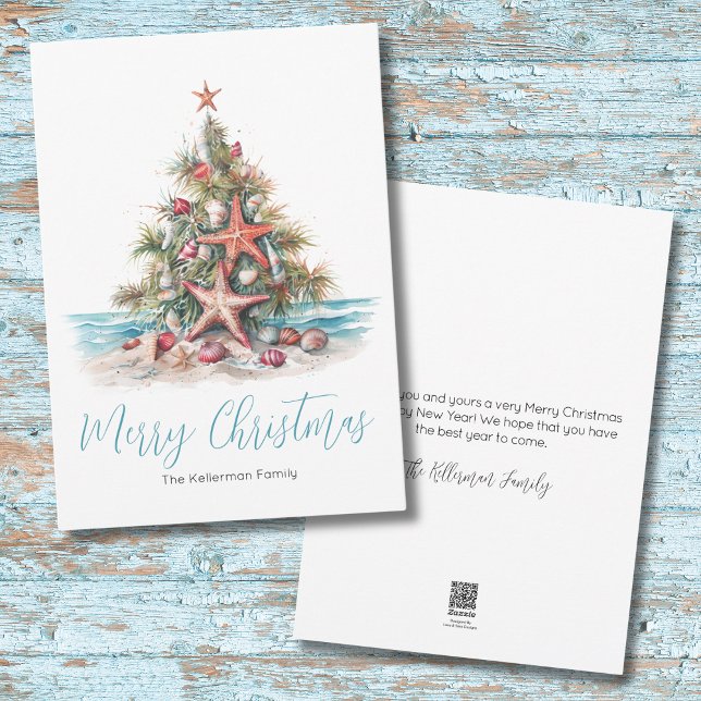 Beach Frohe Weihnachten (Shell Beach Merry Christmas Tree Holiday Card)