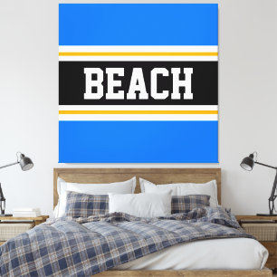 BEACH Fun Bright Blue Schwarz-weiß Gelbe Streifen Leinwanddruck